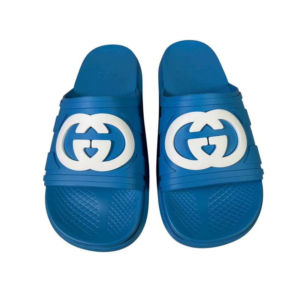 NIB Gucci Rubber Slide Sandals Blue with White GG Logo UK9 US9.5